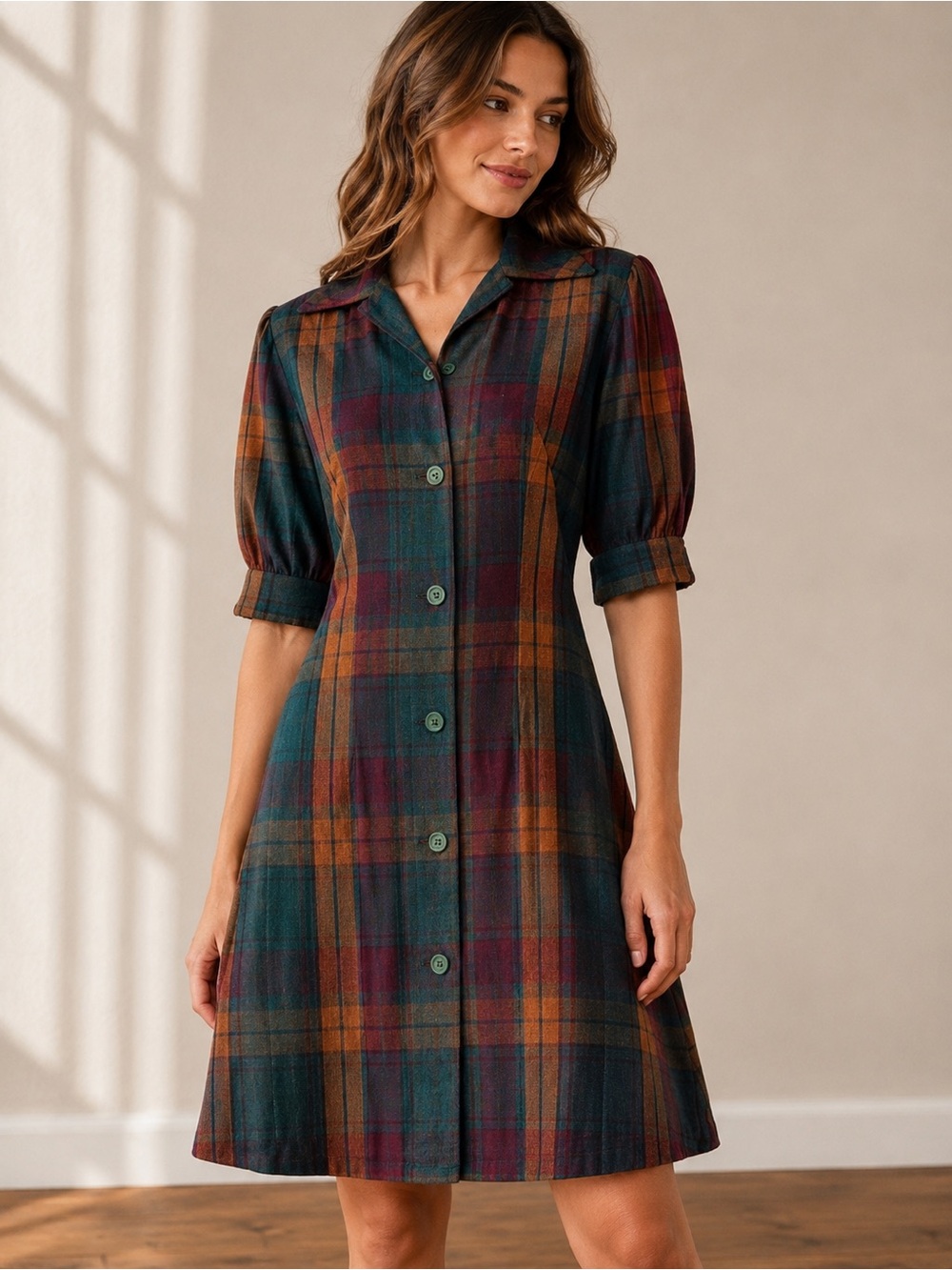 Vintage Jonathan Logan Plaid Shirt Dress 60s 70s Mod Preppy Button Front